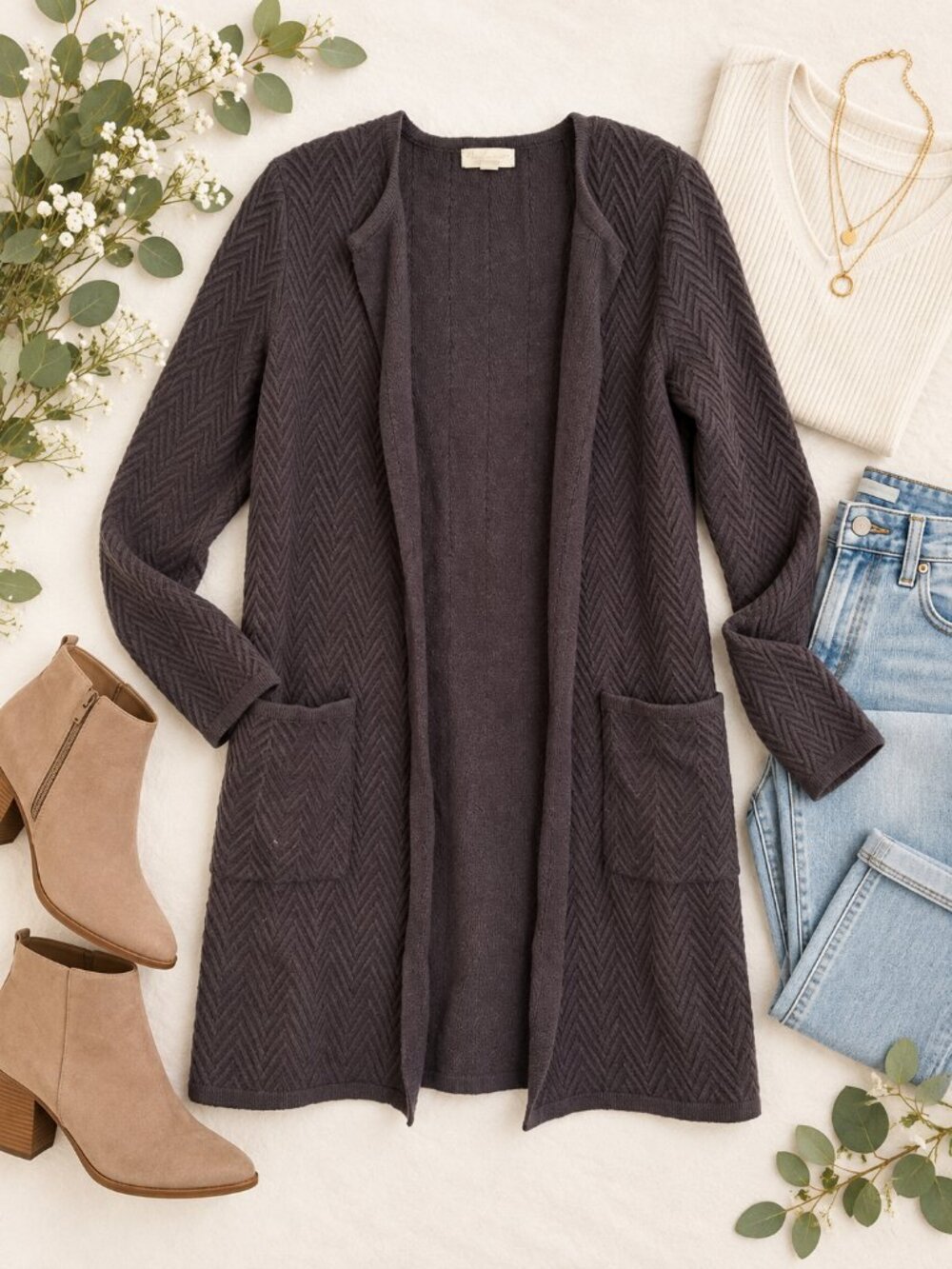 Magnolia Grace Charcoal Gray Chevron Knit Long Cardigan Pockets Size XS